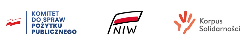 Grafika przedstawiająca trzy loga: 1. Komitet do sprawa pożytku publicznego, 2. NIW, 3. Korpus Solidarności.